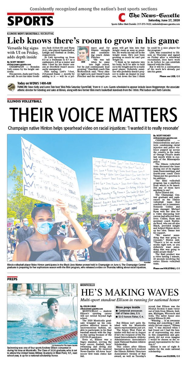 Saturday's N-G sports cover features <a href="/srrichey/">Scott Richey</a> on <a href="/IlliniVBall/">Illinois Volleyball</a> and Rylee Hinton (<a href="/Ryleebreanne/">Rylee Hinton</a>), plus more on new <a href="/IlliniMBB/">Illinois Men's Basketball</a> center Brandon Lieb and <a href="/clikasNG/">Colin Likas</a> on <a href="/SagesAthletics/">Sages Athletics</a>' Andrew Ellison. #NGMedia 

<a href="/APSE_sportmedia/">APSE</a>