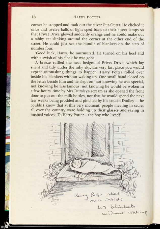 HPotterUniverse's tweet photo. A first edition Harry Potter and the Philosopher’s Stone book with J.K. Rowling’s notes and drawings.

#23YearsPhilosophersStone 
#23YearsofHarryPotter 
#23YearsofMagic https://t.co/DEfaoqPK8n