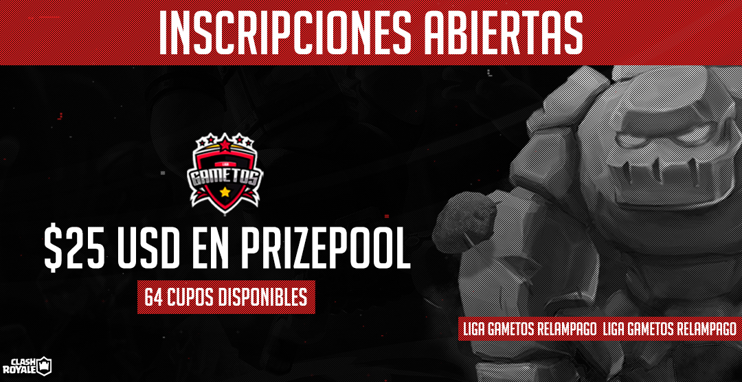 Anuncio La #GametosRelampago
Inscripciones Abiertas 
64 cupos (Liga Por Equipos) CR
25 usd en premios
               
• Seguir a 
<a href="/JorgeMayaCR/">Jorge Maya</a> 
<a href="/GametosLiga/">Liga Gametos - Clash Royale</a> 
<a href="/OriginsCR/">Origins Esports</a>
@Team_Girardot 

Etiquetar 2 equipos de <a href="/ClashRoyaleES/">Clash Royale ES</a> 

Fav❤️y Rt🔃 A esta publicacion 

• Pedir 5 rts.