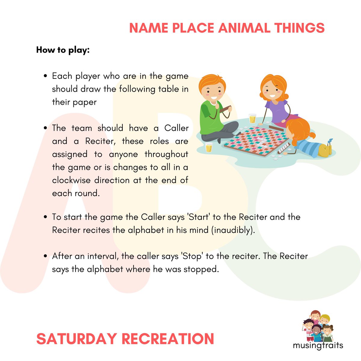 By playing this game, the kids come to know different Names, Places, Animals, and Things starting in all the alphabets. This helps them practice nouns in alphabets.

#TheMagicInEveryDay #children  #thechildrenoftheworld  #childrenseemagic  @canva #traditionalgames