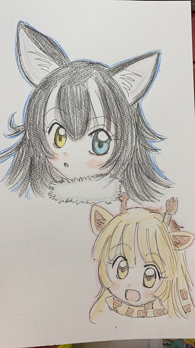タイリクオオカミ先生とアミメキリンちゃん 月猫のイラスト