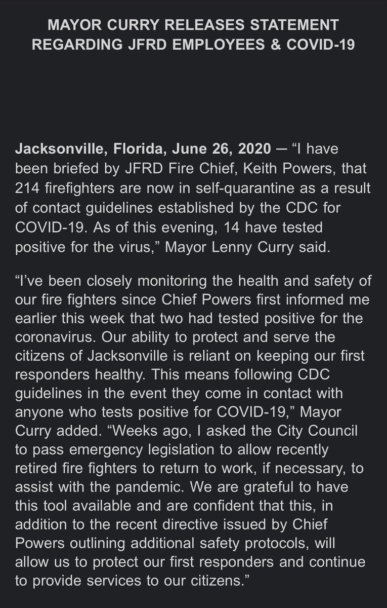 In Jacksonville, 214 firefighters are in quarantine and 14 have tested positive for the coronavirus