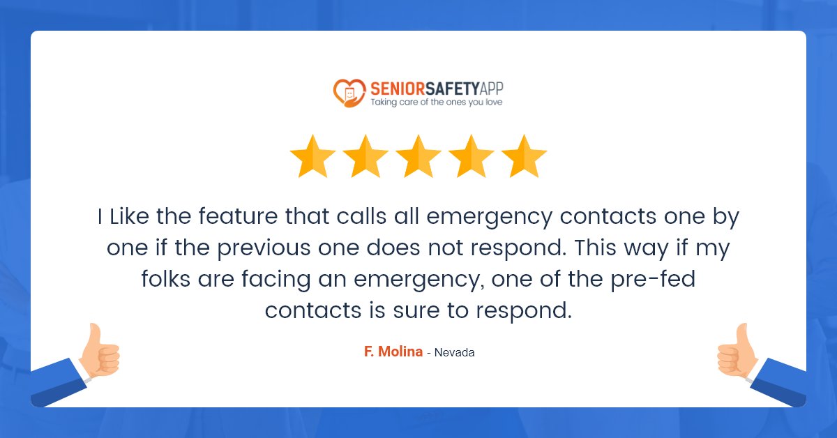 SeniorSafetyApp's tweet photo. Senior Safety App enables you to save up to 5 emergency contact numbers for your elder’s safety, when not responded, it will automatically call the other saved contact number for the rescue. Install Senior Safety App Today https://t.co/TieG5cAHf1
#customerreviews #seniorsafetyapp https://t.co/uC9ZK4vib8