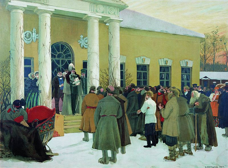 Another painting, by Boris Kustodiev, of serfs listening to the proclamation of their emancipation.