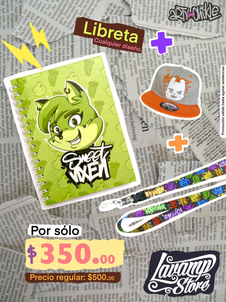 ArtyandChikle's tweet photo. Tenemos promos muy variadas como ésta de libreta y accesorios!! disponible SÓLO en la tienda fisica de @LavampStore!!! Válidas hasta el 15 de julio o hasta agotar existencias!! 🔥🔥🔥🔥#streetwear #furry #furrylifestyle #urban #ArtyandChikle #LavampStore https://t.co/Ry2uMIRfSn