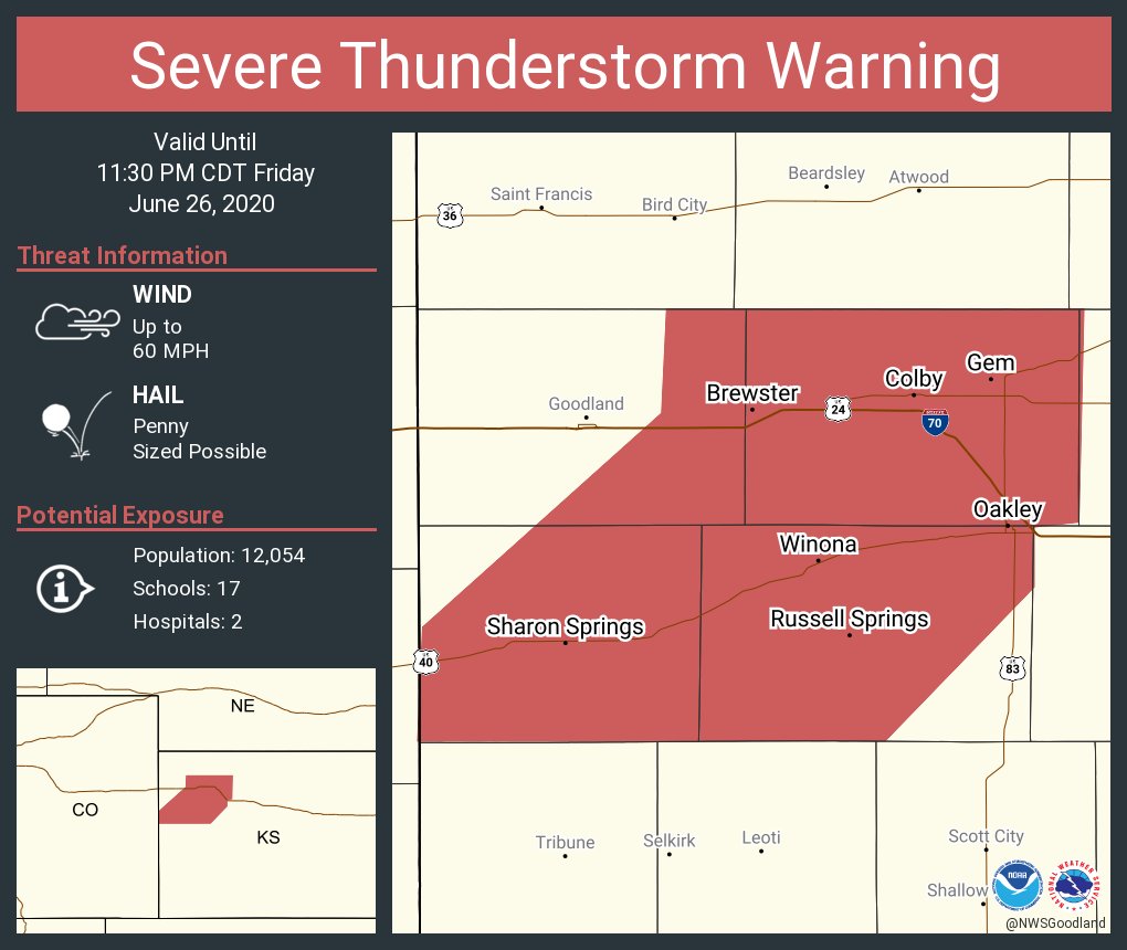 Severe Thunderstorm Warning continues for Colby KS, Oakley KS, Sharon