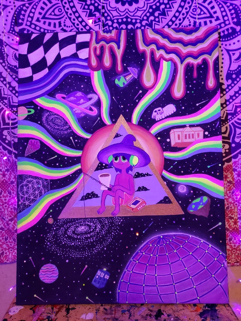 thatonefungi's tweet photo. Acrylic, blacklight paint, &amp; glitter on
18×24in canvas🌍✨ Is up for sell,
message me for serious inquiries only.💃Inspired off #themidnightgospel💖 https://t.co/i25SeEBAaV