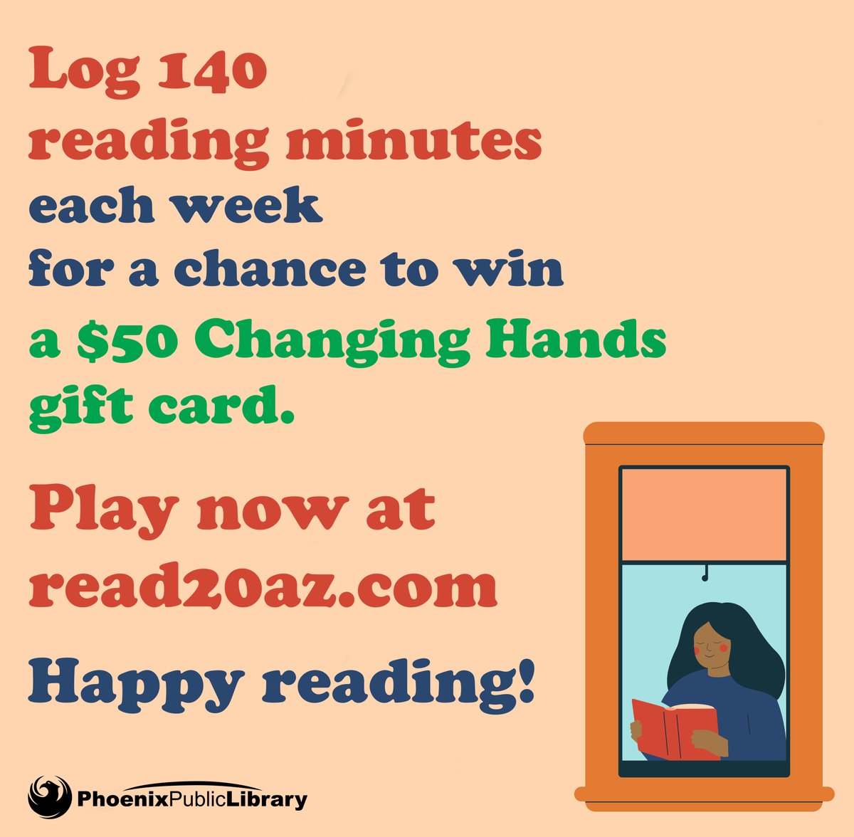 PhxLibrary's tweet photo. Play the summer reading game! โ๏ธ ๐ Log 140 min. or more of reading per wk to be eligible to win 1 of 10 $50 gift cards to @changinghands Bookstore. Tag a reader friend & spread the word! https://t.co/eIMB0j3kXv #justreadppl #summerreadingppl #phxsummer #changinghands https://t.co/j4kCUoPdMo