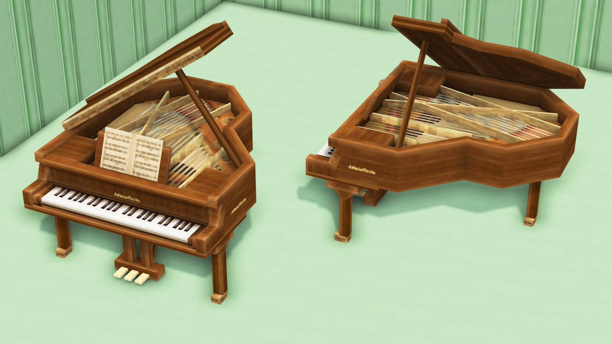はすっこ Miniaturiamod制作 グランドピアノの中身と色ち これにてピアノ完成 もう1色 案あるけどまたそのうち 中身は蓋とセットの大ブロックにしました 弦の構造を知れた Minecraft