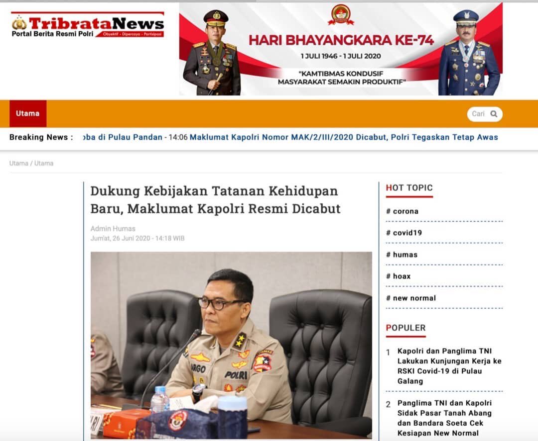 LautHumas's tweet photo. Dukung Kebijakan Tatanan Kehidupan Baru, Maklumat Kapolri Resmi Dicabut. Upaya #PolriKawalAdaptasiBaru https://t.co/nW9bD45wcv