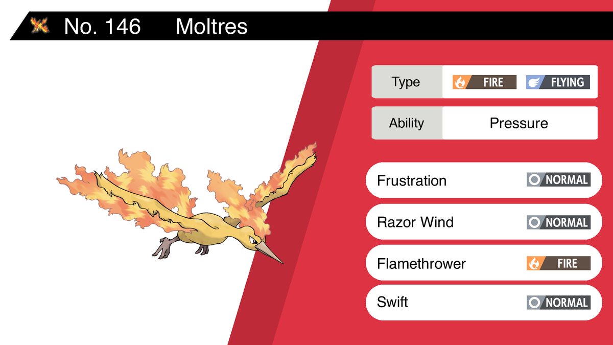 Random Pokemon Bot on X: Moltres Ability: Pressure Moves: Frustration,  Razor Wind, Flamethrower, Swift #pokemon #Moltres   / X