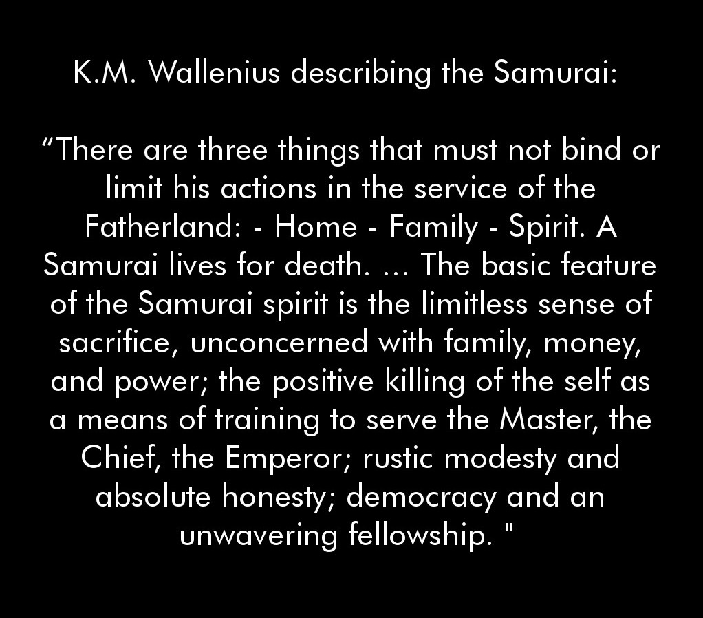 Wallenius viewed the Samurai as the ideal warrior and saw the entire Japanese nation as embodying this ideal. He believed that the Japanese military readiness was “technically on the level of Europeans and spiritually, above them”. 6/14