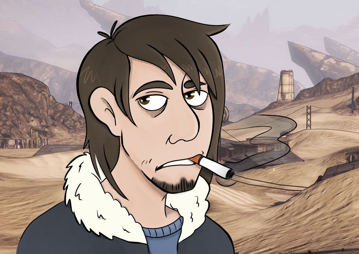 Artifft's tweet photo. AAAAAAAAAAAAND he's done!
Added in a nice background from the game (Borderlands) to finish it off.
#OCs #Jerek #Borderlands https://t.co/pNXbtU31dg