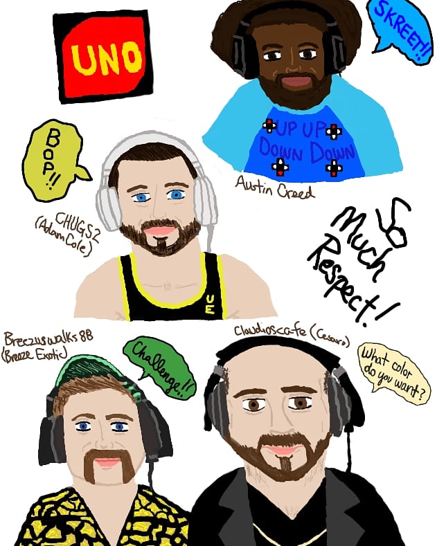 Decided to make a drawing depicting UNO w/ @XavierWoodsPhD @AdamColePro @MmmGorgeous @WWECesaro. Turned out pretty well! 
#keepittight #skreet #bop #challenge #whatcolordoyouwant #muchrespect