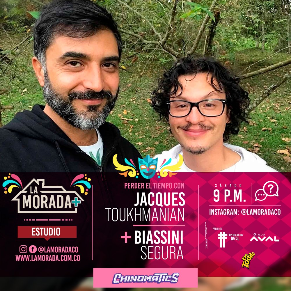 LaMoradaCO's tweet photo. Es momento de Perdiendo el tiempo con Jacques Toukhmaniam y Biassini Segura en #LaMorada disfruta sus historias y anécdotas desde las 9:00 pm en https://t.co/f5a5fczBiD ✨💜

#ExperienciasAval @BancosAval https://t.co/xnYMygAf6g