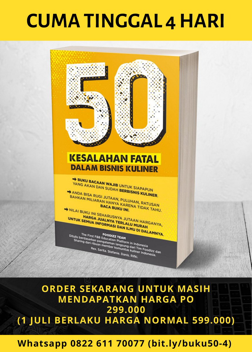 Pebisnis Kuliner wajib punya buku ini 👍👍 hindari kerugian ratusan juta hingga miliaran dengan mengetahui dulu kesalahan2 fatal dalam bisnis Kuliner yang sering terjadi. Tinggal 4 hari lagi kesempatan harga khusus klik bit.ly/buku-4CD