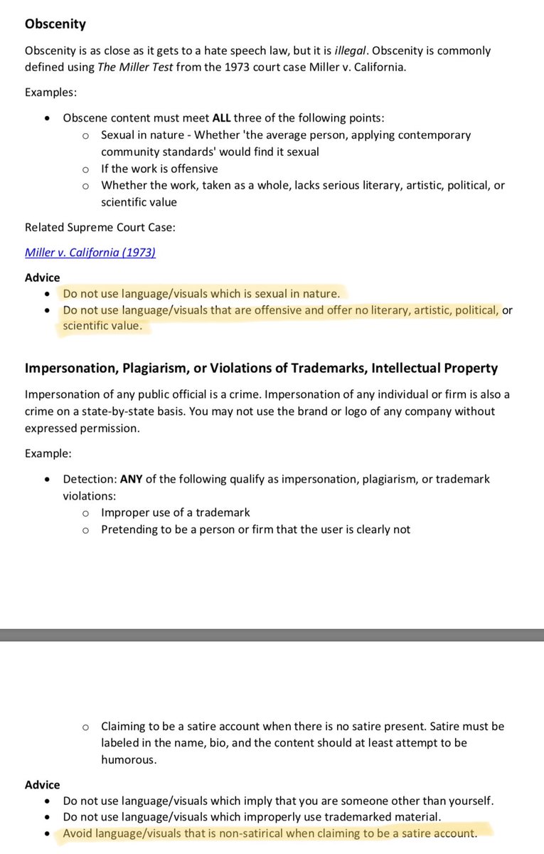 I read through & highlighted some particularly stupid rules in their community guidelines High level recap:Don’t dispage non verified accounts, no upsetting language, no nips, no porn, butt ok, no non-satire if a satire acct, no mention of weed if illegal in your state(3/4)