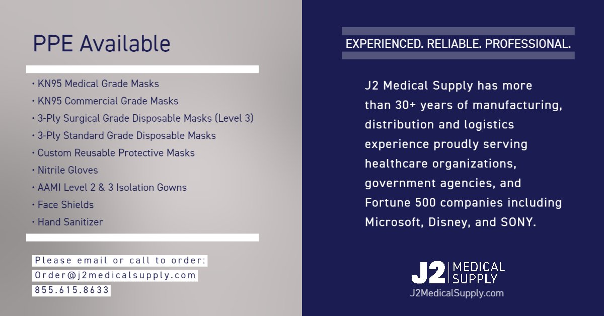 J2MedicalSupply's tweet photo. Help us turn the tide! Please share with those in your community who are in need of #PPE .
#Masks #3PlyMasks #KN95 #KN95Masks #NitrileGloves #IsolationGowns #HandSanitizer #StayHome #StaySafe #Covid19 #Coronavirus #FrontlineWorkers #EssentialWorkers #J2MedicalSupply #PPEshortage https://t.co/IIHVzh4hff