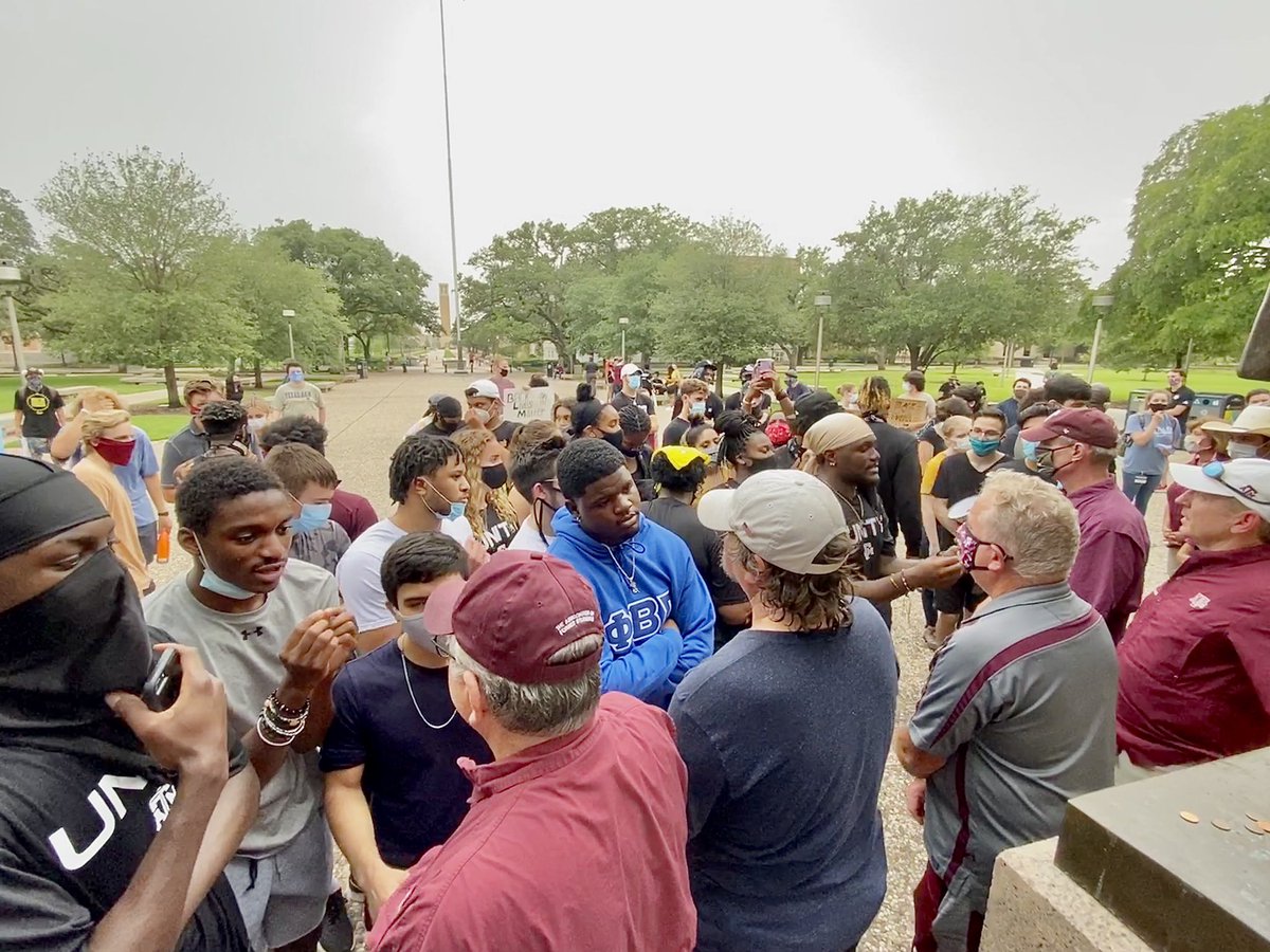 Still processing what happened tonight at A&M but here are few of my observations and questions... These older white dudes literally went out of their way to confront these current students. One of them admitted to me that he drove down from Dallas for this. (1/8)