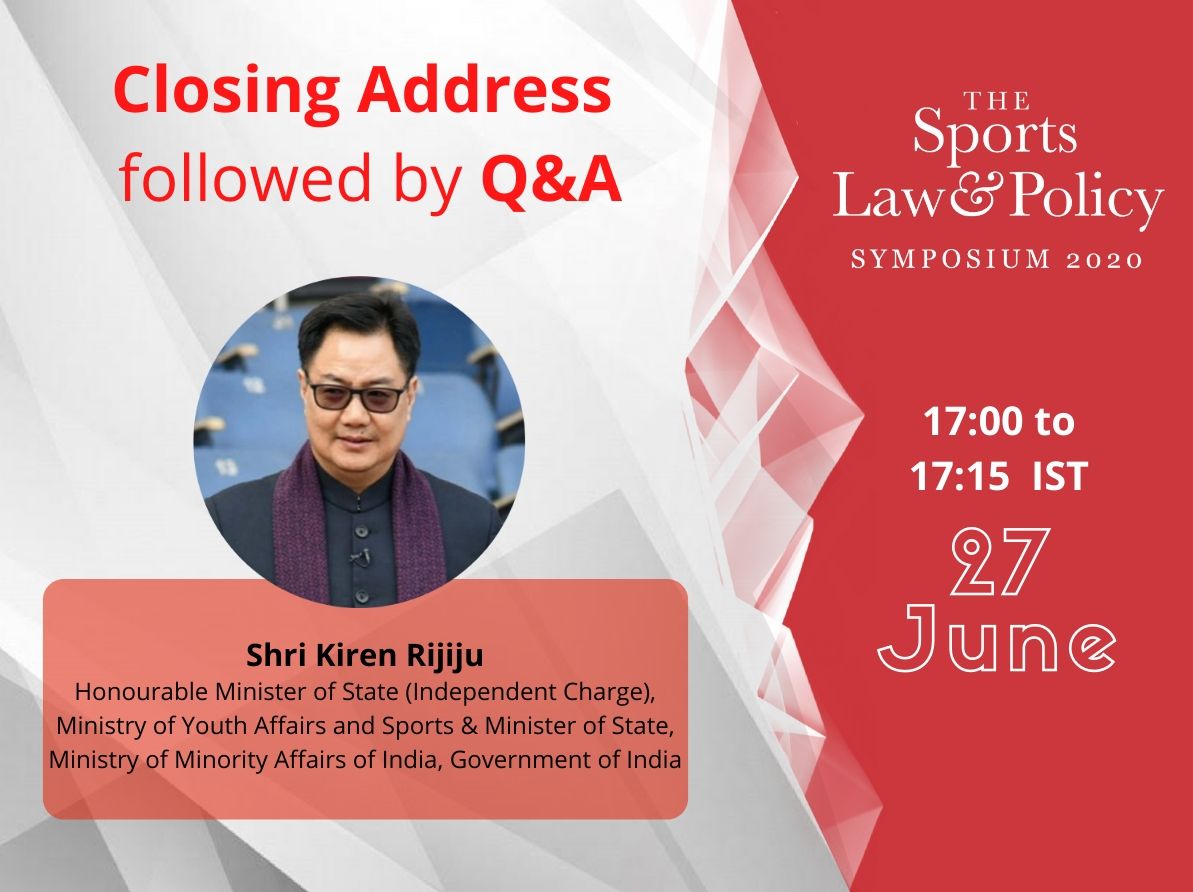 SportsLawIndia's tweet photo. We're delighted to announce that the Hon'ble Sports Minister @KirenRijiju shall be delivering the closing address today at 5:00 PM at #Symposium2020 followed by a Q&amp;A with @DeepthiBopaiah  @IndiaSports

Day 2 registrations are now reopened:  https://t.co/DKTYIedhpp https://t.co/g5U39FZUoQ