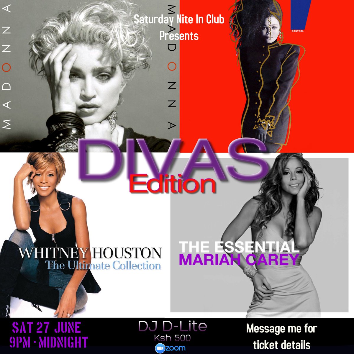 davidmuriithi's tweet photo. The day is upon us. Ladies &amp; Gentlemen welcome to the #SaturdayNiteIn DIVAS Edition.

A nite of celebration of the fantastic four!!

DM me for ticket details. Only 10 ZOOM limited tickets remaining 🎟️🎉 #ZOOMParty #50PaxOnly #Fun #BYOB Kindly RT https://t.co/PNqNnHiweF