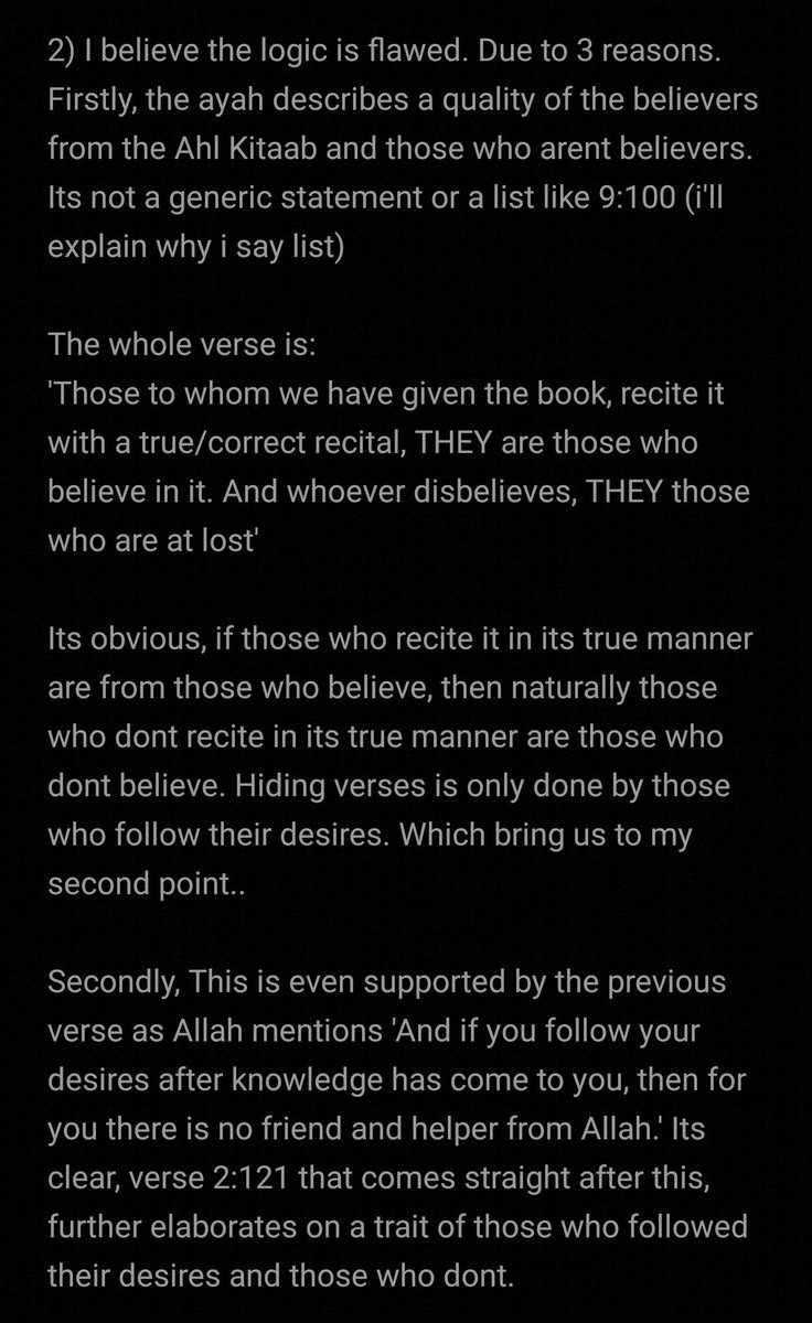 1) The brother has responded saying me using 2:121 to compare 9:100 is not possible, because 2:121 also mentions disbelievers in addition to believers. While 9:100 mentions believers only. While I will address this statement in this thread, I will first bring a verse