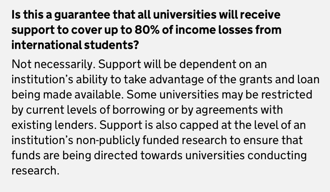 Obviously a v welcome move, which will go some way towards easing mounting pressures on research-intensive HEIs. Aim is to cover “up to 80%” of income losses from international students, but this isn’t guaranteed.