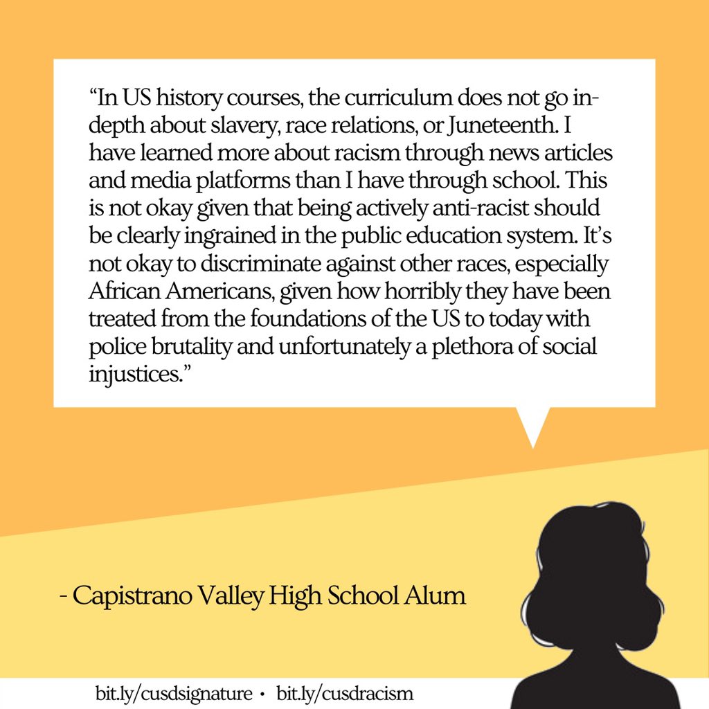 CUSDRacism's tweet photo. ❗️SHARE THESE STORIES❗️
These are OUR students facing discrimination in OUR schools. Racism is rampant in CUSD and we demand change. Every student deserves to feel safe, regardless of their identity. 
To read more, checkout our IG: @/cusdagainstracism https://t.co/g4yn0NHfjs
