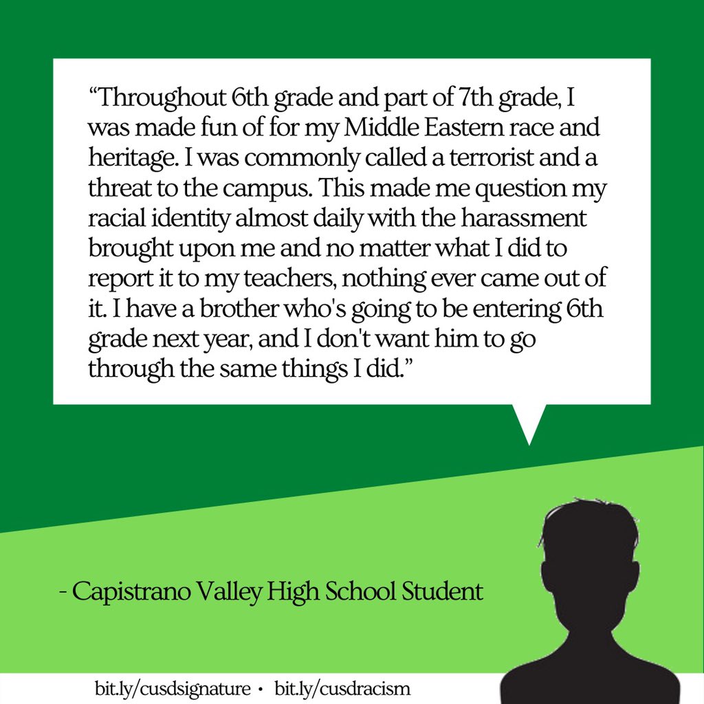 CUSDRacism's tweet photo. ❗️SHARE THESE STORIES❗️
These are OUR students facing discrimination in OUR schools. Racism is rampant in CUSD and we demand change. Every student deserves to feel safe, regardless of their identity. 
To read more, checkout our IG: @/cusdagainstracism https://t.co/g4yn0NHfjs