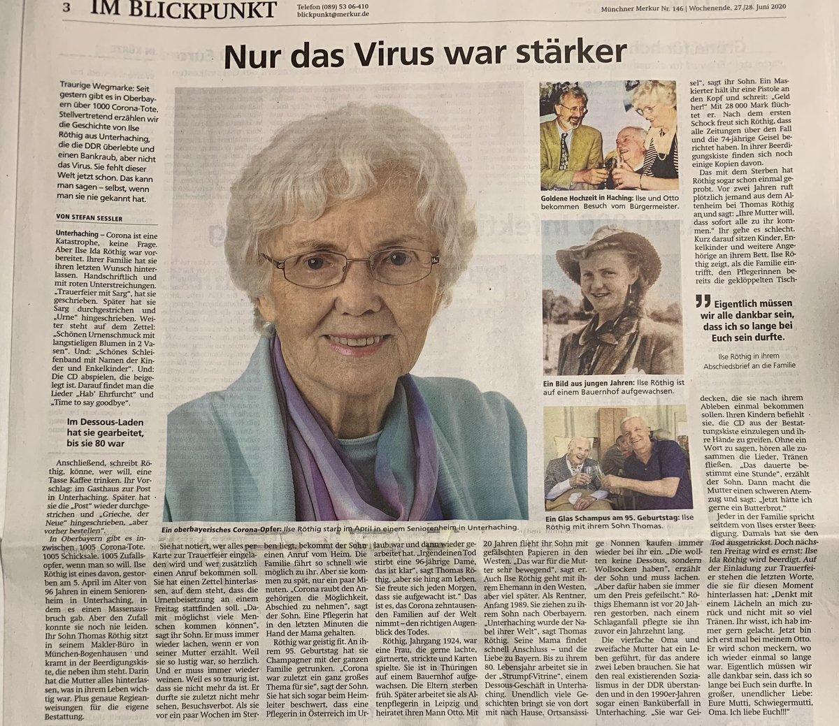 Kathi Brack (@kathibrack) on Twitter photo Falls hier noch irgendjemand glauben sollte, Corona sei eine Erfindung von irgendwem: Lest die Geschichte von Ilse Röthing im <a href="/MerkurStadt/">Münchner Merkur</a>, die <a href="/stefaaan/">Stefan Sessler</a> so berührend aufgeschrieben hat. Auch allen anderen empfehle ich die Lektüre - und ein Packerl Taschentücher. Falls hier noch irgendjemand glauben sollte, Corona sei eine Erfindung von irgendwem: Lest die Geschichte von Ilse Röthing im <a href="/MerkurStadt/">Münchner Merkur</a>, die <a href="/stefaaan/">Stefan Sessler</a> so berührend aufgeschrieben hat. Auch allen anderen empfehle ich die Lektüre - und ein Packerl Taschentücher.
