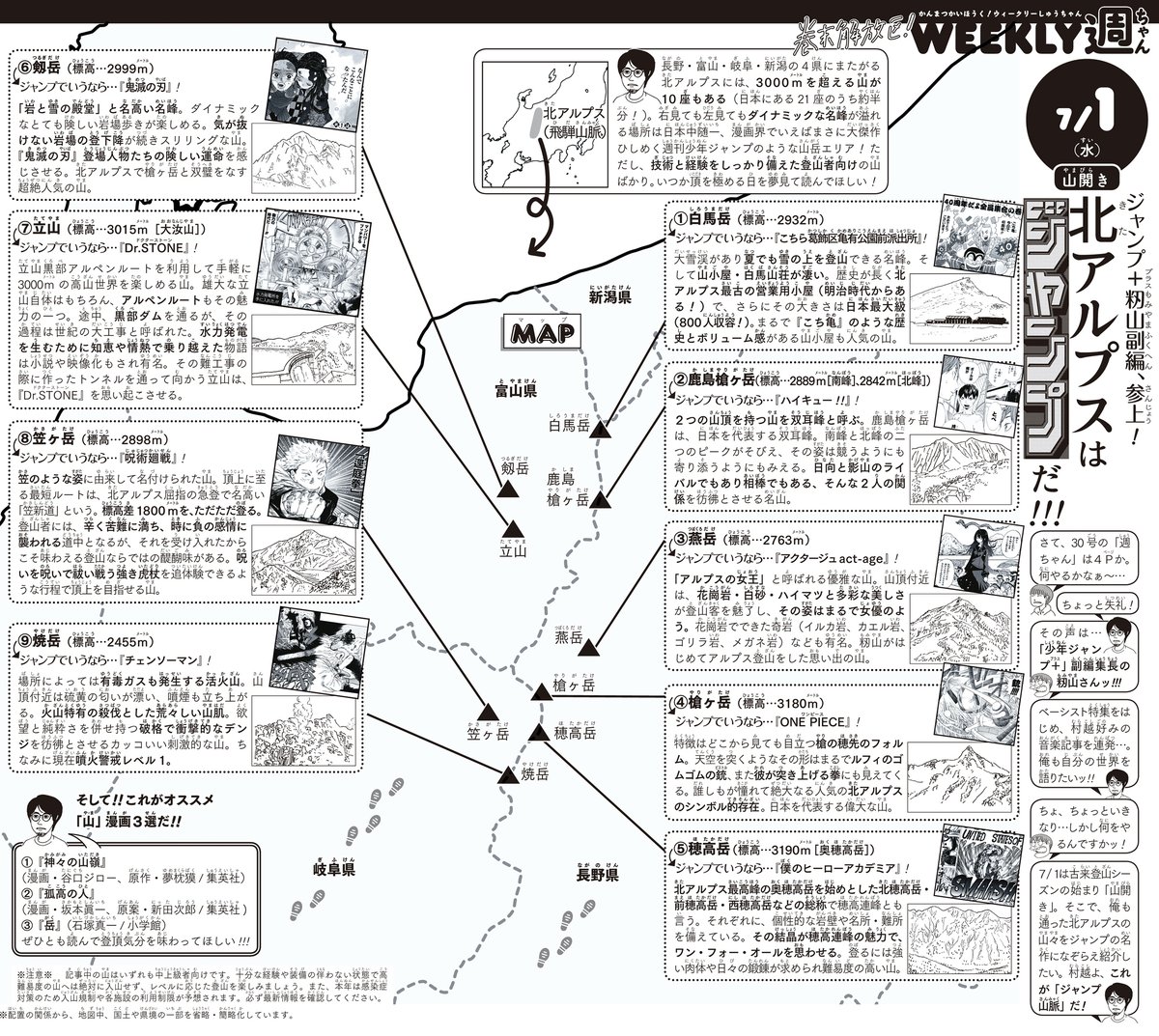 6/27(土)◆
WJ30「週ちゃん」の注目記事!
デジタルと紙の垣根を超え…
山と旅を愛するジャンプ+の籾山副編が
山岳企画を持ち込み!!

その企画とは…
《北アルプスはジャンプだ!!! 》
 
槍ヶ岳は『ONE PIECE』、
剱岳は『鬼滅の刃』…
名峰をジャンプの名作にたとえながら
一挙紹介だ!⛰⛰⛰ (イ) 