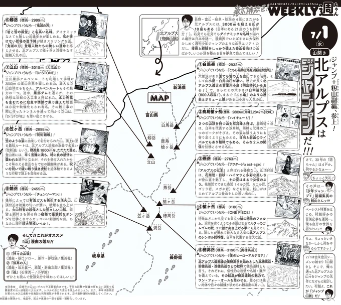 6/27(土)◆WJ30「週ちゃん」の注目記事!デジタルと紙の垣根を超え…山と旅を愛するジャンプ+の籾山副編が山岳企画を持ち込み!!その企画とは…《北アルプスはジャンプだ!!! 》 槍ヶ岳は『ONE PIECE』、剱岳は『鬼滅の刃』…名峰をジャンプの名作にたとえながら一挙紹介だ! (イ) 