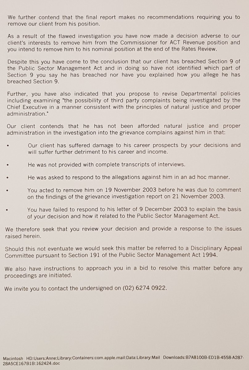 39. Mullins was preparing to leave the ACT Public Service. He sought advice from Life Coach Trish Cameron on the advice of his lawyers Bradley Allen.