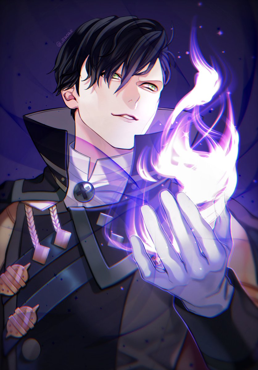 1boy male focus gloves black hair solo white gloves green eyes  illustration images