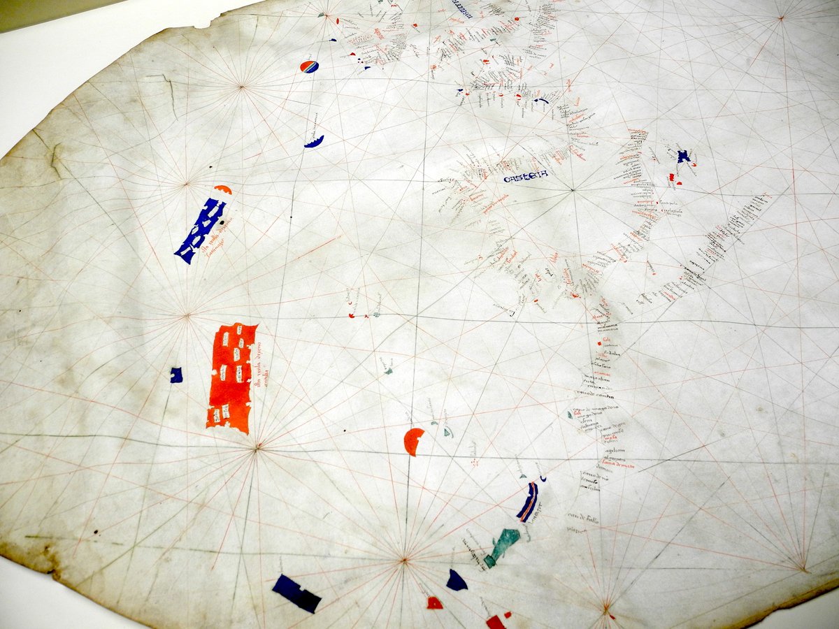 The first was a portolan chart from 1424. Portolans were used to navigate from port to port, rather than to give a realistic picture generally. This shows the Atlantic, and possibly Greenland & Cape Verde. It was the first map to show "Antilla" as a landmass across the ocean.