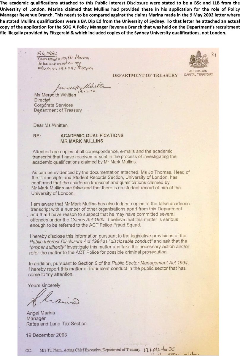 47. Marina submitted a Public Interest Disclosure (PID) to Whitten alleging fraud by Mullins, allegedly on 19 December 2003. It included alleged emails between Marina & the University of London. The UoL have consistently denied any record of communication with Marina.