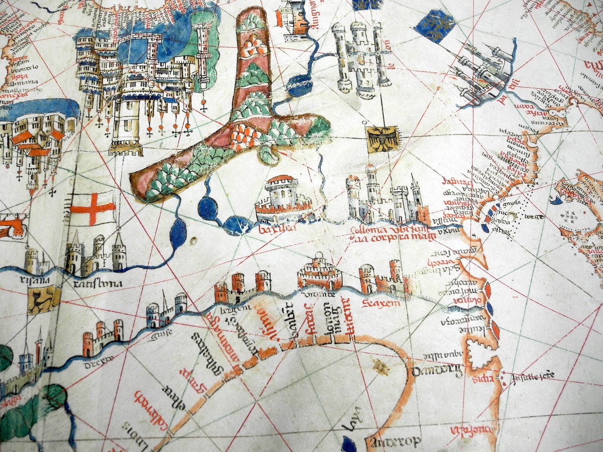 And a few more of that map, because it's my thread and I love it - the Red Sea is great, and Northern Germany is upside down for legibility. There are better pictures on the library's website at  http://gallery.lib.umn.edu/exhibits/show/portolan-charts/1489-canepa-portolan-chart