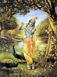 this is Krishna(kanan,govinda)-krishna=dark skinned -somehow dark skinned translated to blue along with the time and has blue-eight incarnation of vishnu-herds cows-plays the flute-his uncle tried to kill him