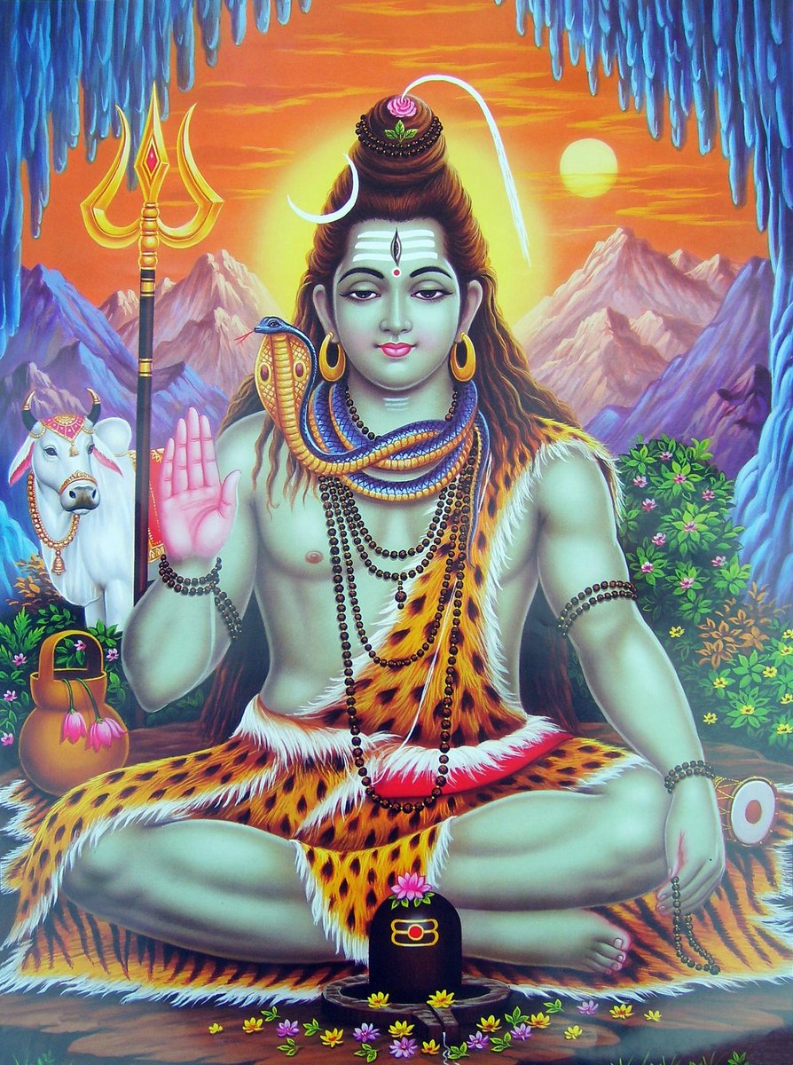 this is shiva(shivan,mahesha)-1/3 of the trimurti -the destroyer-once swallowed poison churned from the ocean-has the river ganges on his head-lives on mount kailash