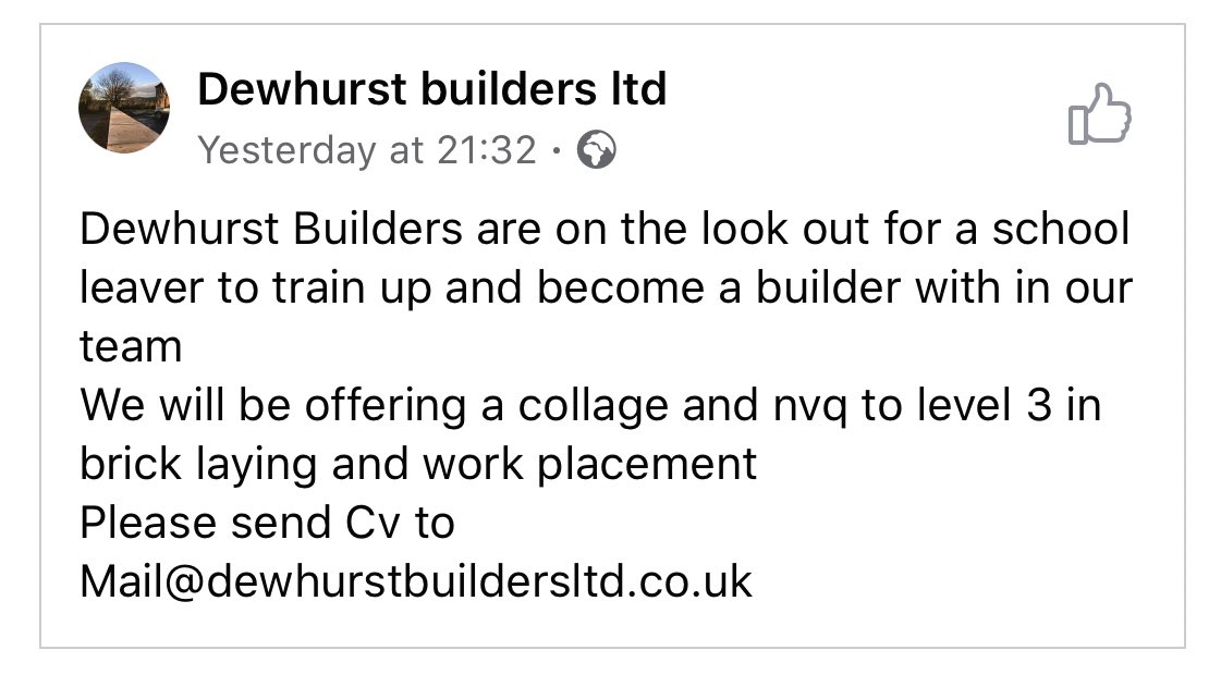 Local opportunity for a school leaver. If you are interested contact the email in the advert. If you need any help just ask!
