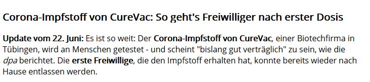 KonProg's tweet image. Gute Nachrichten bei der Impfstoff-Entwicklung:
Es geht voran. Die vier fortgeschrittensten Entwicklungen in Deutschland (u.a. Curevac) impfen bereits Freiwillige für Verträglichkeitsstudien, und es sieht sogar sehr gut aus bei der Verträglichkeit.
1/3