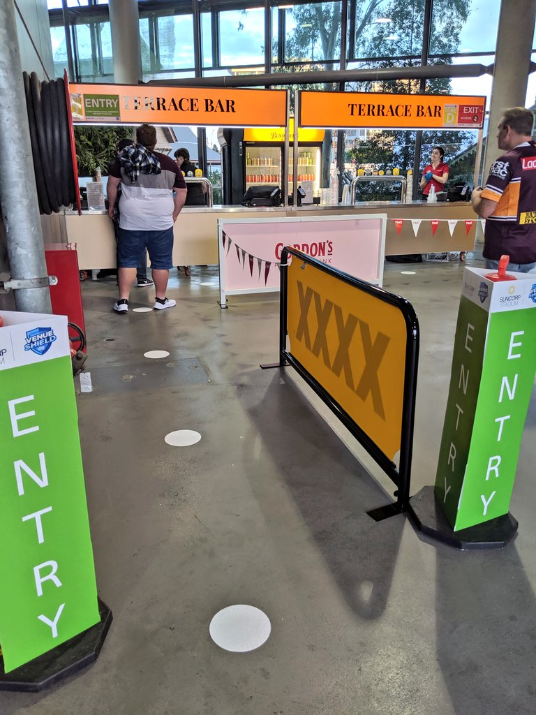 F&B. Cashless/card only. Line markings. Social distancing maintained and respected by fans. Speed was fast to be served. Staff friendly and good on them for being back too. They need this for jobs as well. #NRL    #NRLBroncosTitans  @brisbanebroncos  @NRL – bei  Suncorp Stadium