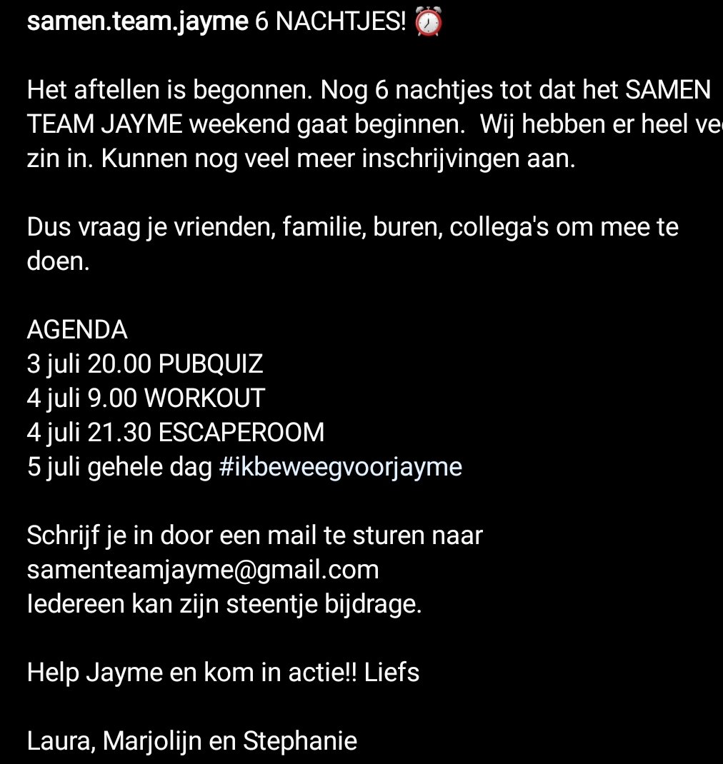 StephanieVerha7's tweet photo. Nog 6 nachtjes tot het SAMEN TEAM JAYME weekend. Doe mee! We zitten klaar voor al jullie inschrijvingen. Deel zoveel mogelijk! Liefs SAMEN TEAM JAYME! @TeamJayme2020 @LenKuhr @JimBakkum @beau @Kimberleyklaver @pipapatty #iedereen https://t.co/IQWN24TLn7