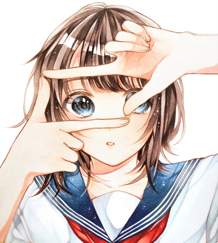 1girl solo brown hair school uniform blue eyes white background serafuku  illustration images