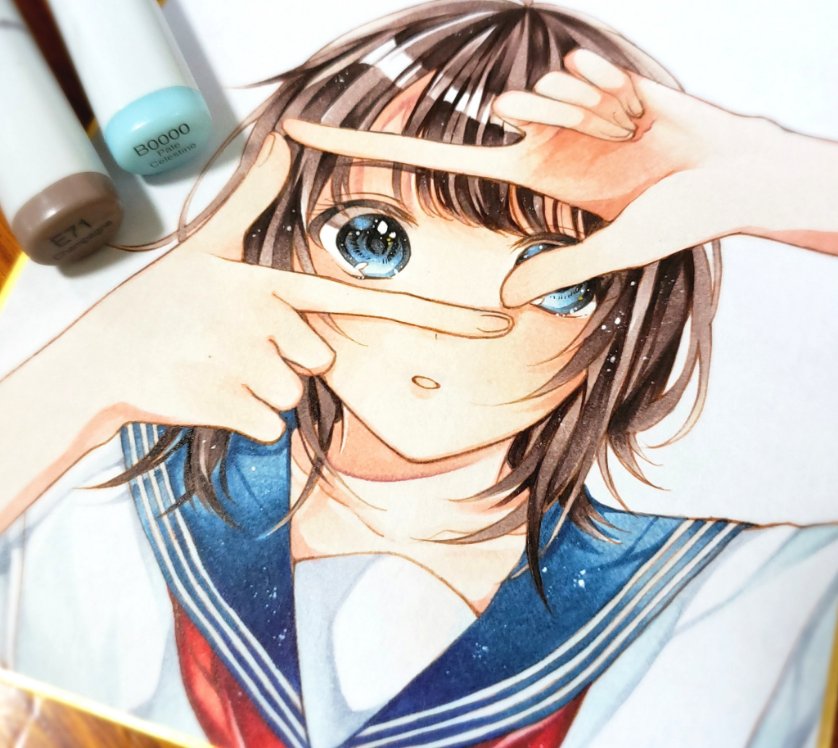 1girl solo brown hair school uniform blue eyes white background serafuku  illustration images