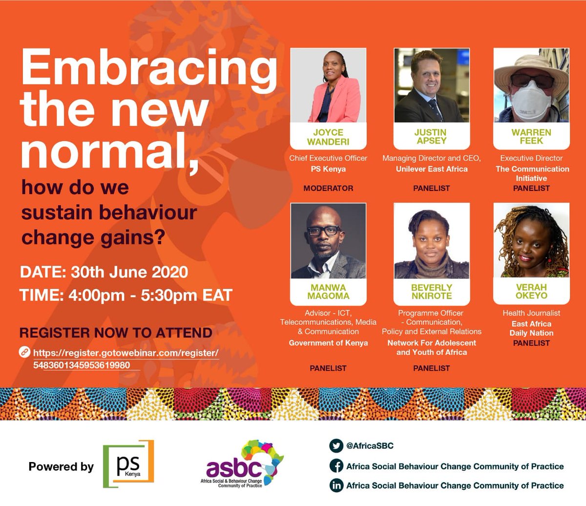 How can we sustain behaviour change gains in the fight against #COVID19: #Handwashing #StayAtHome #WearMask
#PhysicalDistancing 
Join <a href="/AfricaSBC/">ASBC</a> for a discussion on this. 
🗓️Date:  30/06/2020
⏲️Time : 4:00pm - 5:30pm (E.A.T)
To register attendee.gotowebinar.com/register/54836…

#KomeshaCorona 😷