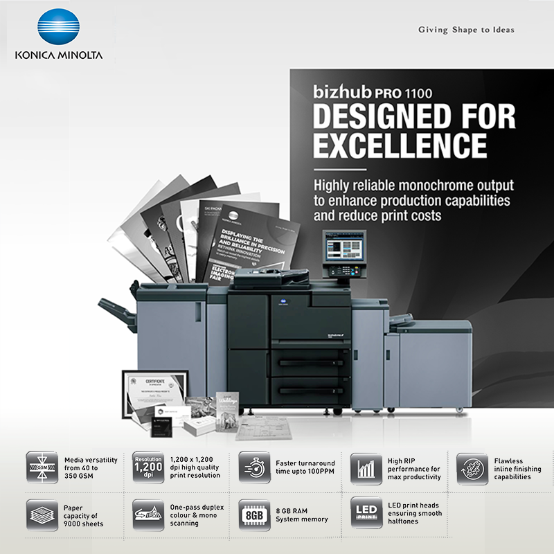 KonicaIndia's tweet photo. It’s time to optimize business with #KonicaMinolta #bizhub #PRO1100! Now accomplish more in less time with a printing machine, that delivers the ideal output in monochrome printing and offers complete reliability allow you to tackle one printing job after another. https://t.co/IntgVlwyfb