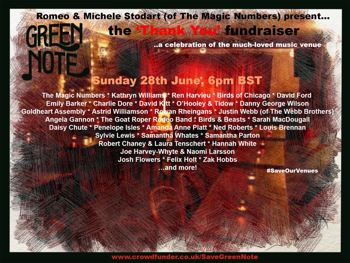 GreenNote's tweet image. Tomorrow!! This👇is happening, thanks to @MicheleStodart &amp;amp; Romeo from @themagicnumbers 🎶❤️ And what a line up!!! We’ll be watching from 6pm... join us! 😊 youtu.be/Ip0PHuhvpJo 🎶 #SaveGreenNote #saveourvenues @musicvenuetrust @TheAMAUK @FRUK @matteveritt @WhisperingBob