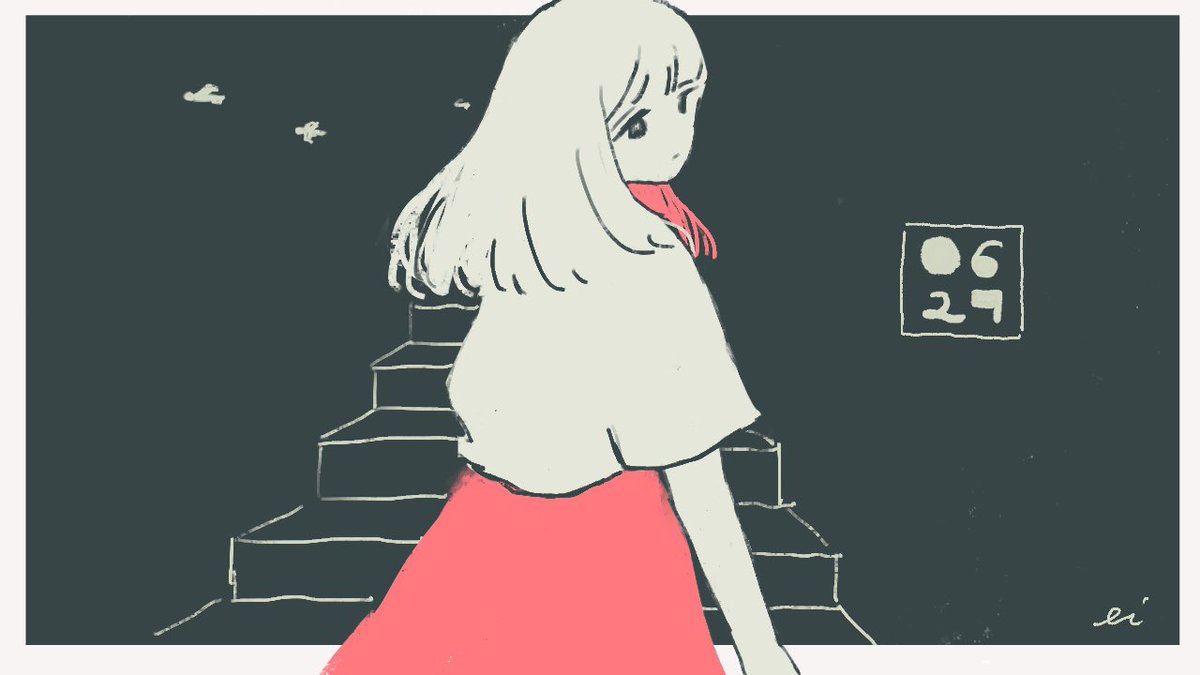 1girl solo stairs long hair looking back shirt limited palette  illustration images