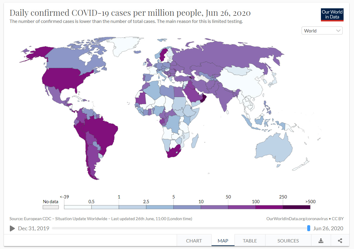 En tråd om varför den här bilden från Our World In Data och liknande bilder idag ger en felaktig bild av hur stor smittan är i SverigeHäng med 
